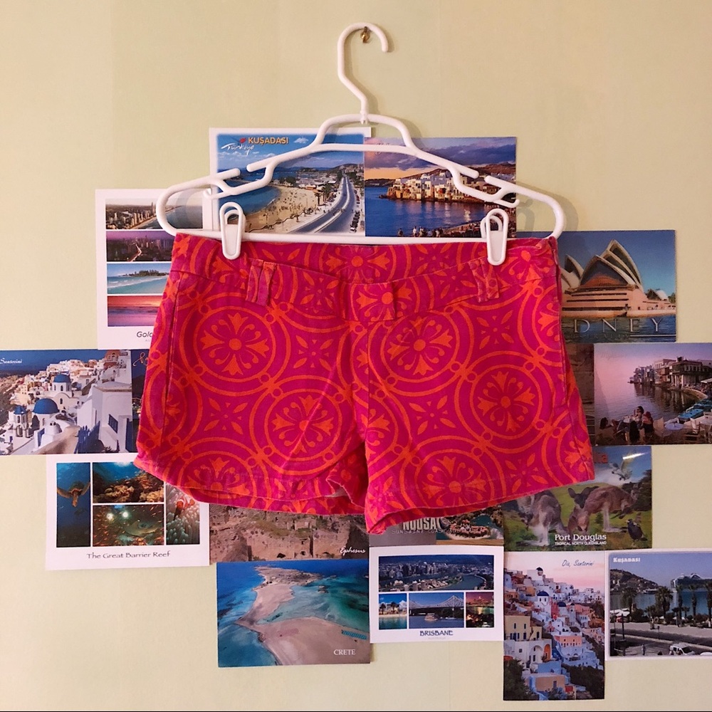 pink and orange patterned finch shorts